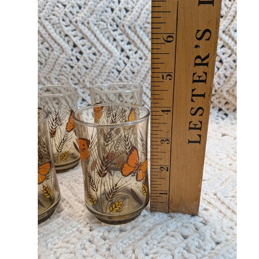 Vintage Libbey Butterfly Wheat Smoky Brown Juice Glasses Set of 6 Retro 4in